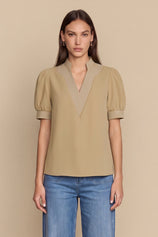 Womens Khaki Puff Short Sleeve Blouses | CicyBell