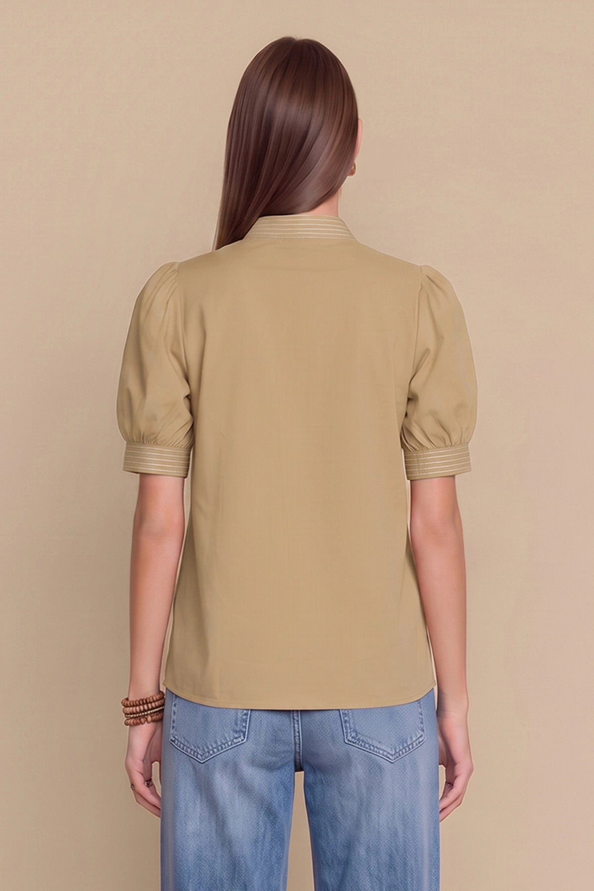 Womens Khaki Puff Short Sleeve Blouses | CicyBell