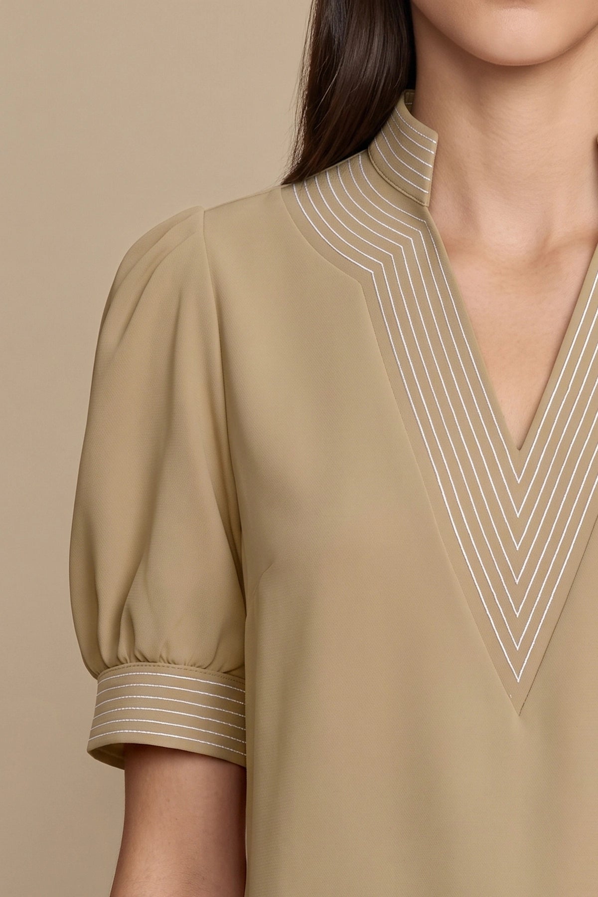 Womens Khaki Puff Short Sleeve Blouses | CicyBell