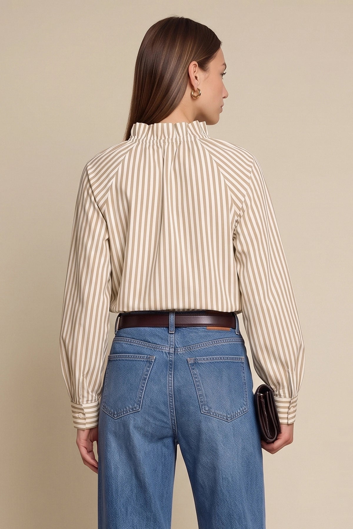 Womens Khaki Striped Bow Tie Shirts | CicyBell