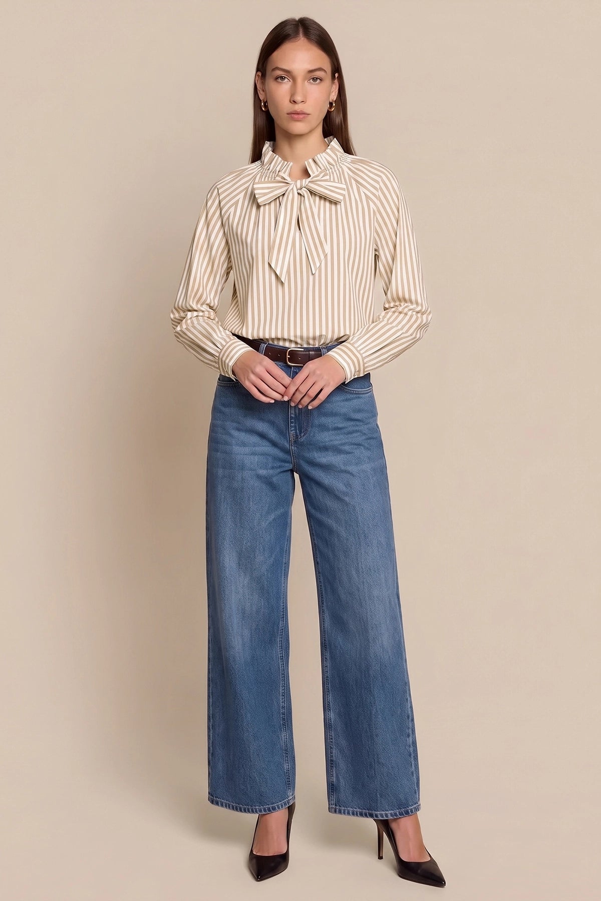 Womens Khaki Striped Bow Tie Shirts | CicyBell