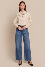 Womens Khaki Striped Bow Tie Shirts | CicyBell