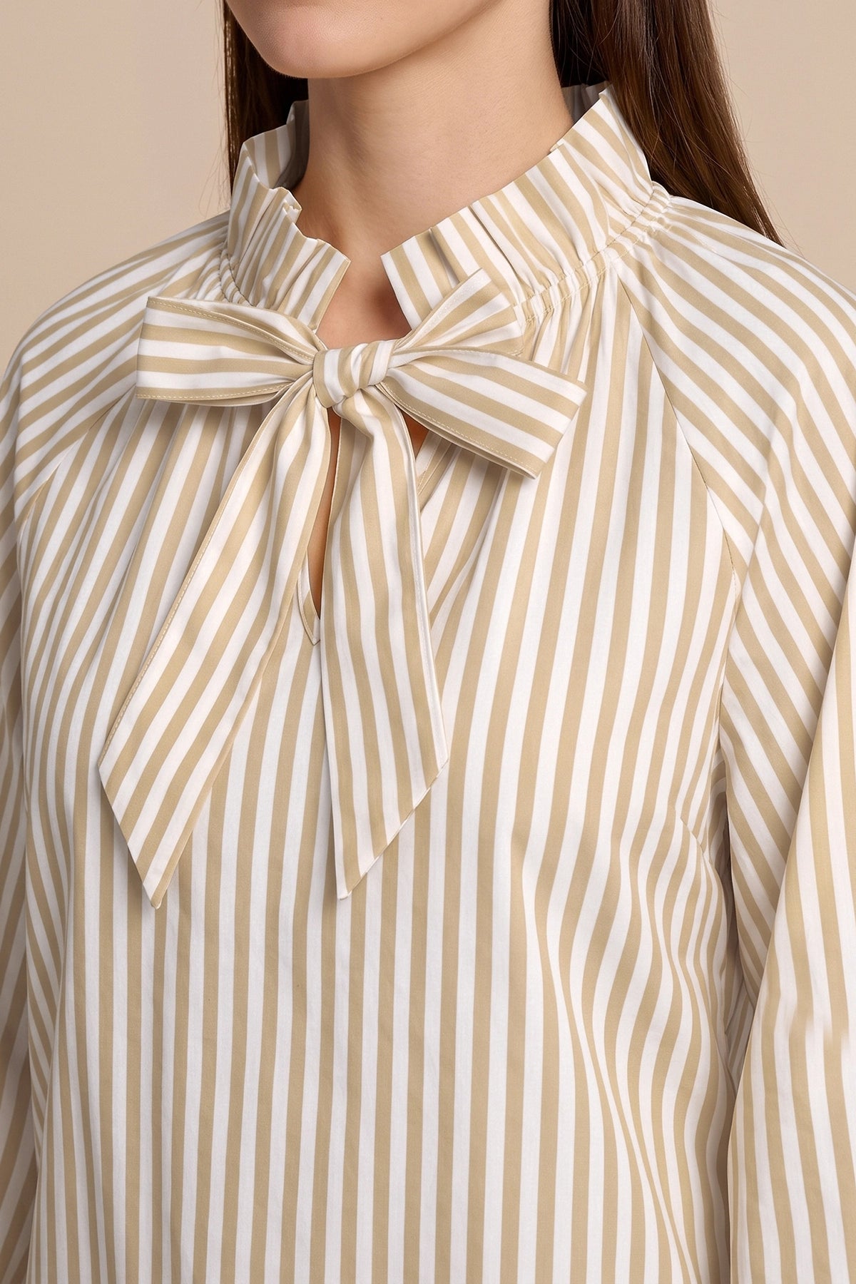 Womens Khaki Striped Bow Tie Shirts | CicyBell