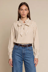 Womens Khaki Striped Bow Tie Shirts | CicyBell