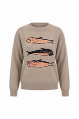 Womens Khaki Fish Graphic Knit Sweaters | CicyBell