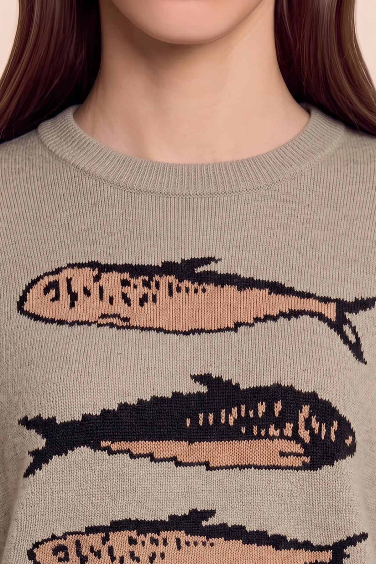 Womens Khaki Fish Graphic Knit Sweaters | CicyBell
