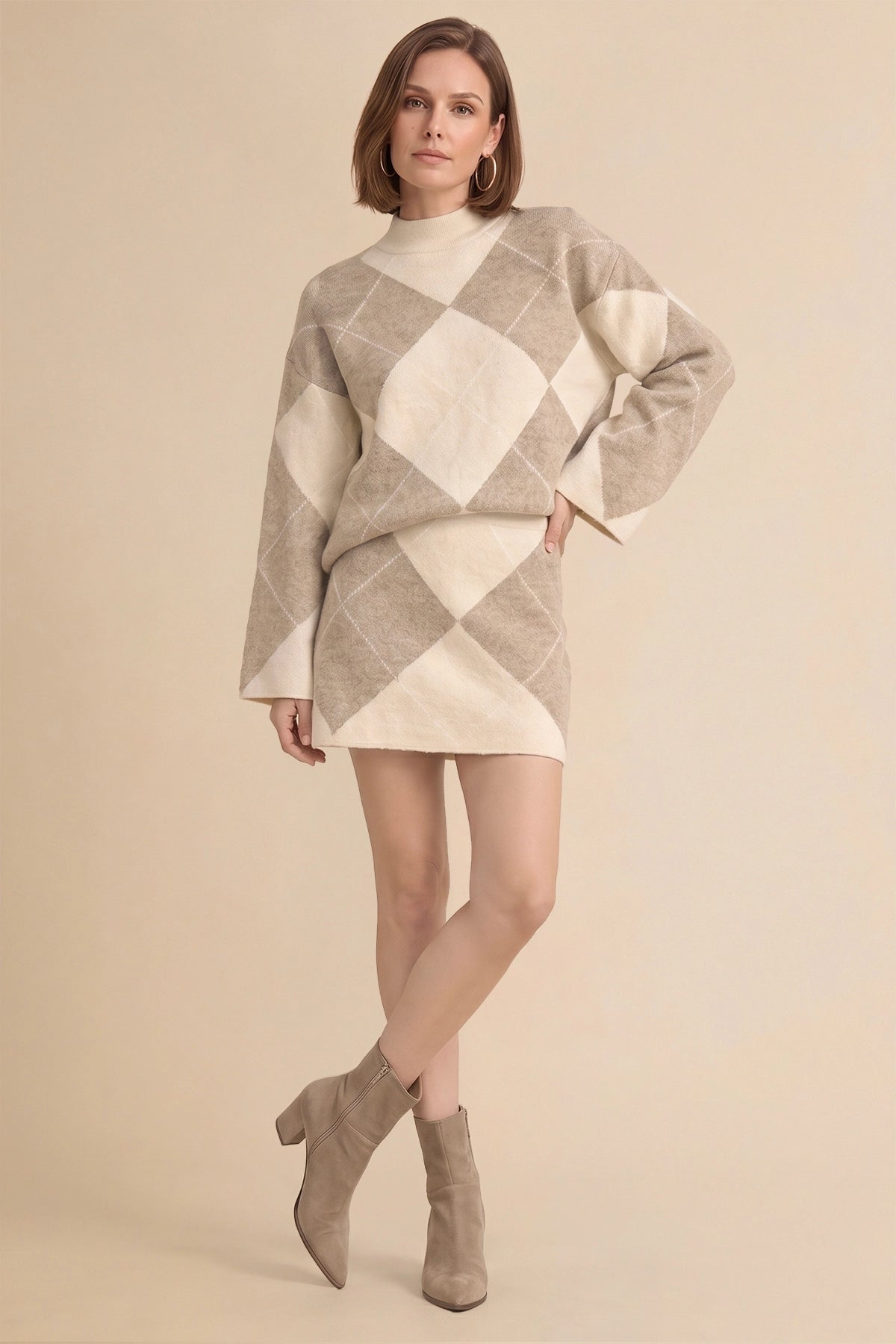 Womens Khaki Argyle Sweater Mini Skirt Sets| CicyBell
