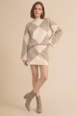 Womens Khaki Argyle Sweater Mini Skirt Sets| CicyBell