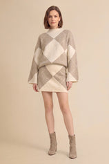 Womens Khaki Argyle Sweater Mini Skirt Sets| CicyBell