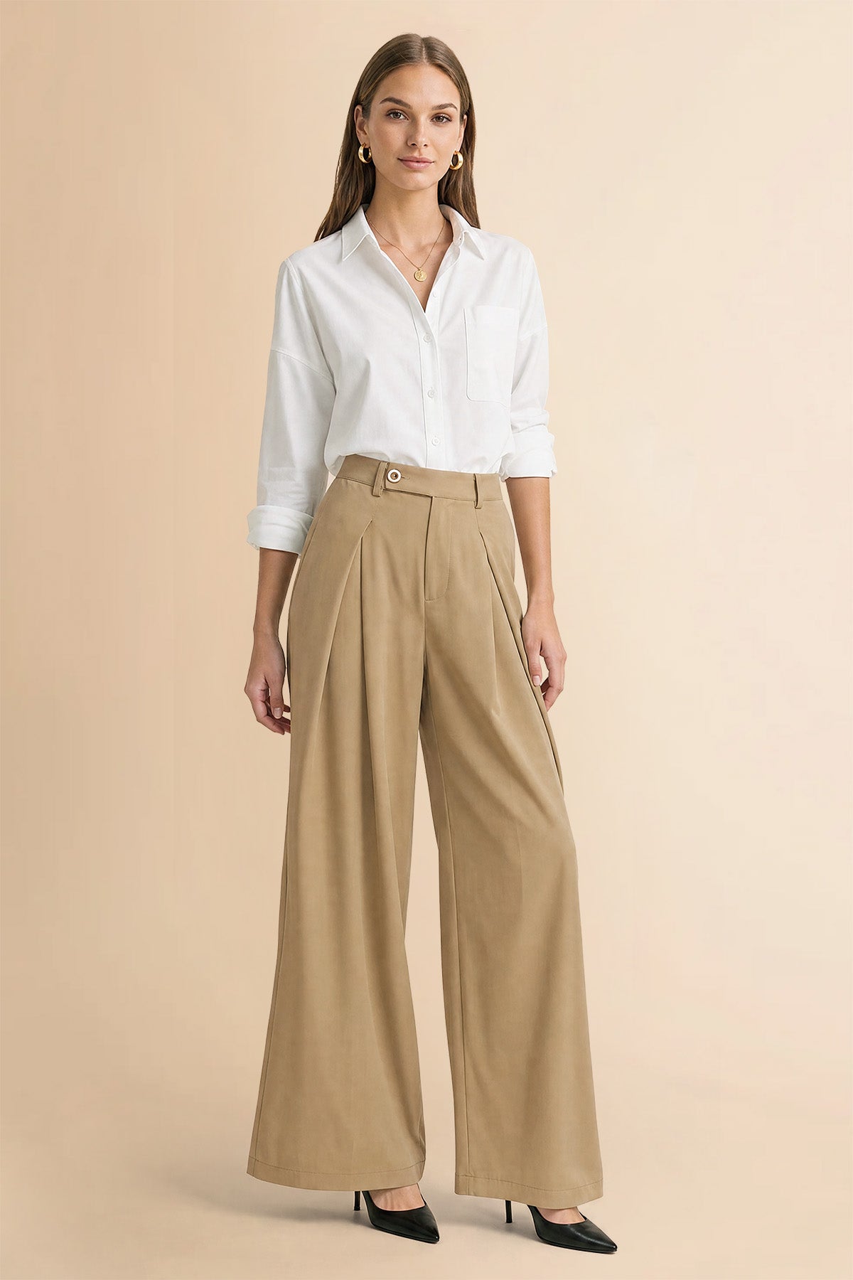 Womens Khaki Wide Leg Dressy Pants | CicyBell