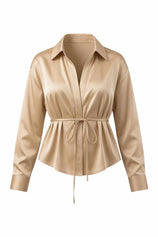 Womens Khaki Satin Button Down Shirts | CicyBell