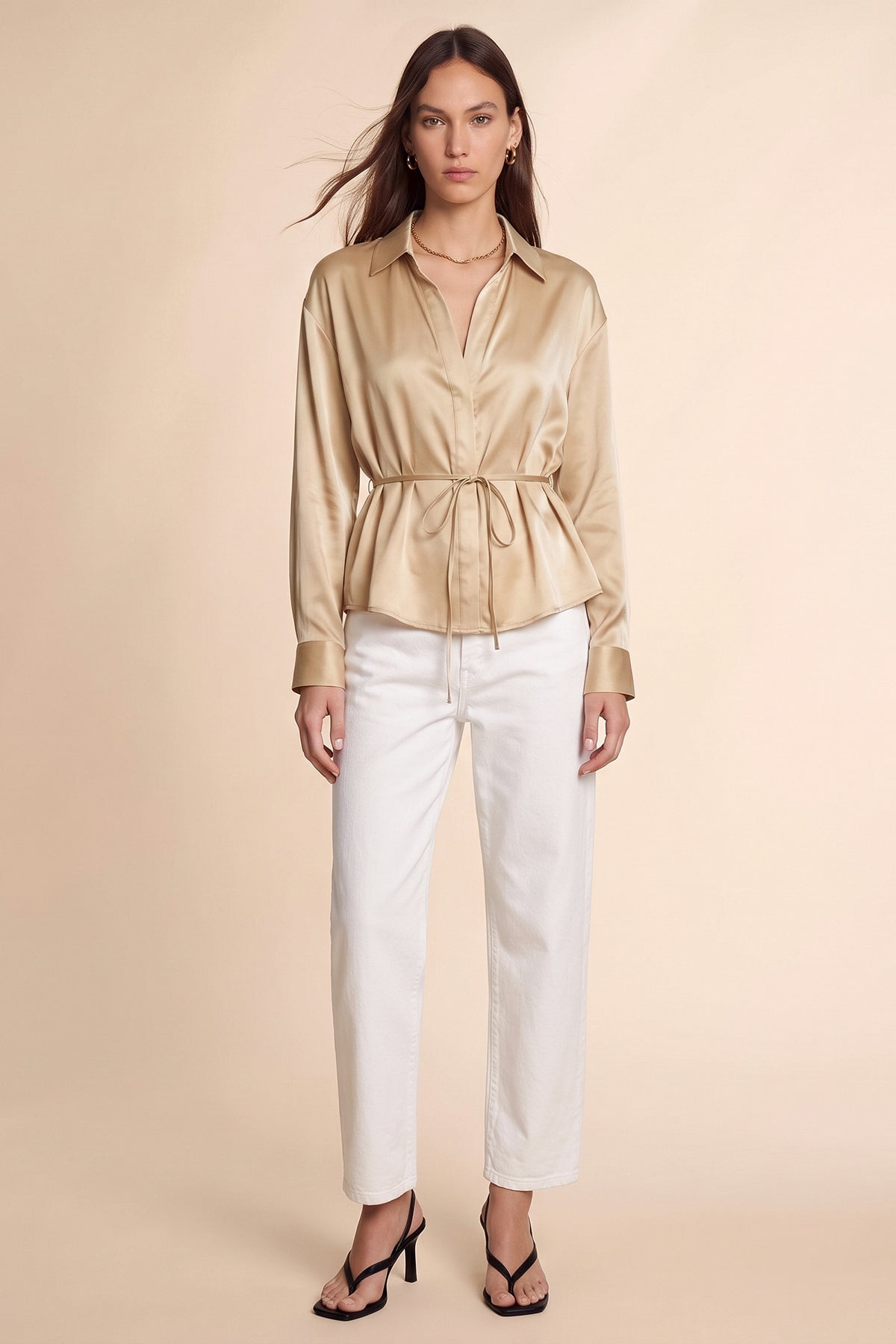 Womens Khaki Satin Button Down Shirts | CicyBell