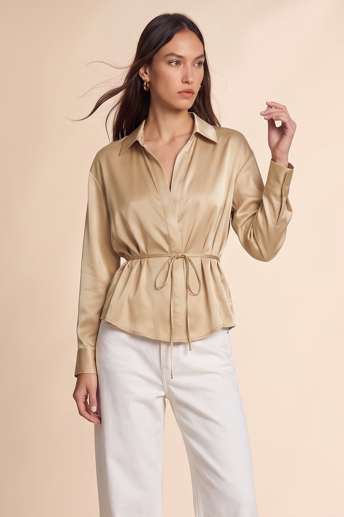 Womens Khaki Satin Button Down Shirts | CicyBell