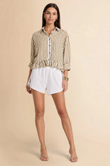 Cicy Bell Womens Khaki Ruffle Striped Shirts