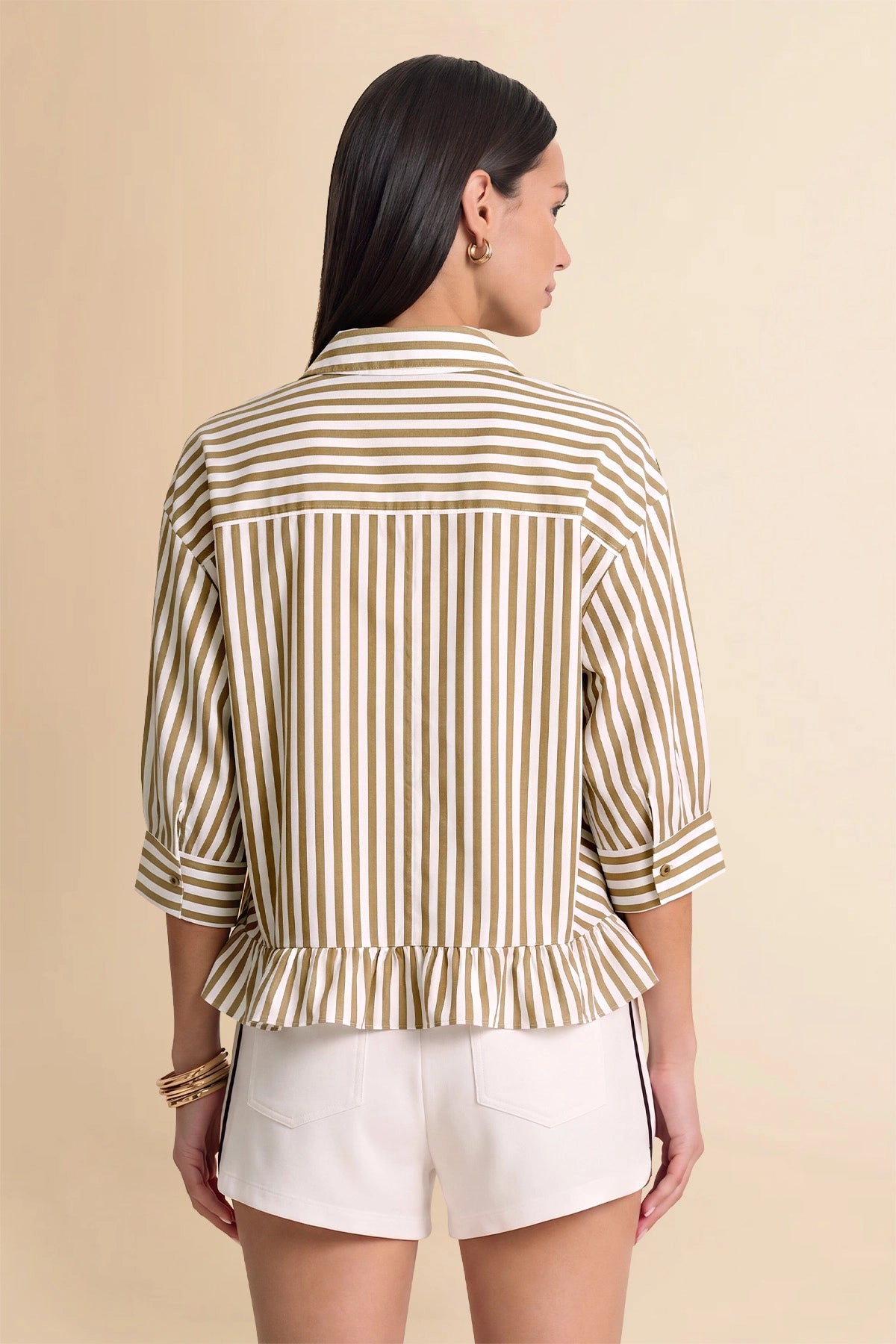 Cicy Bell Womens Khaki Ruffle Striped Shirts