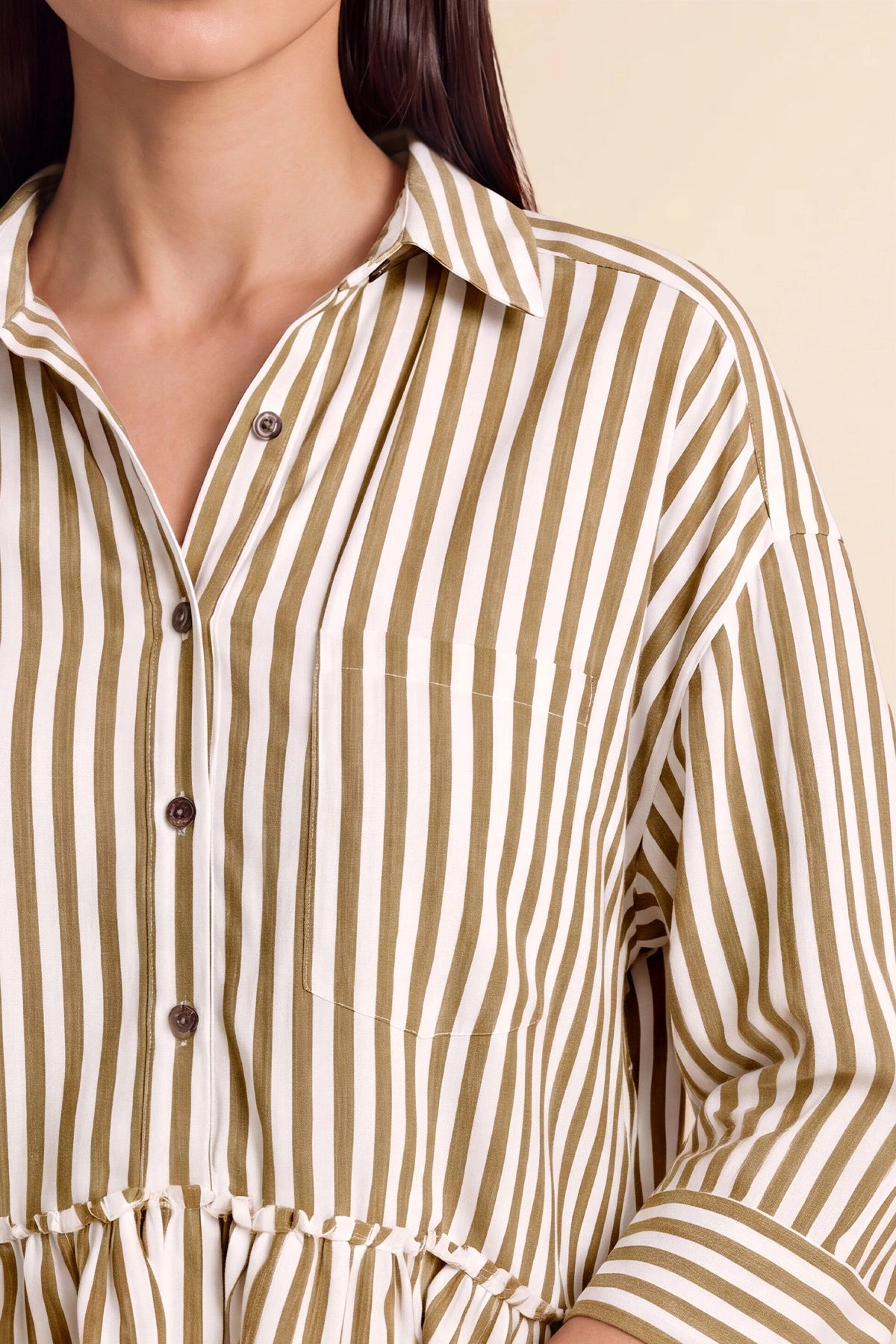 Cicy Bell Womens Khaki Ruffle Striped Shirts