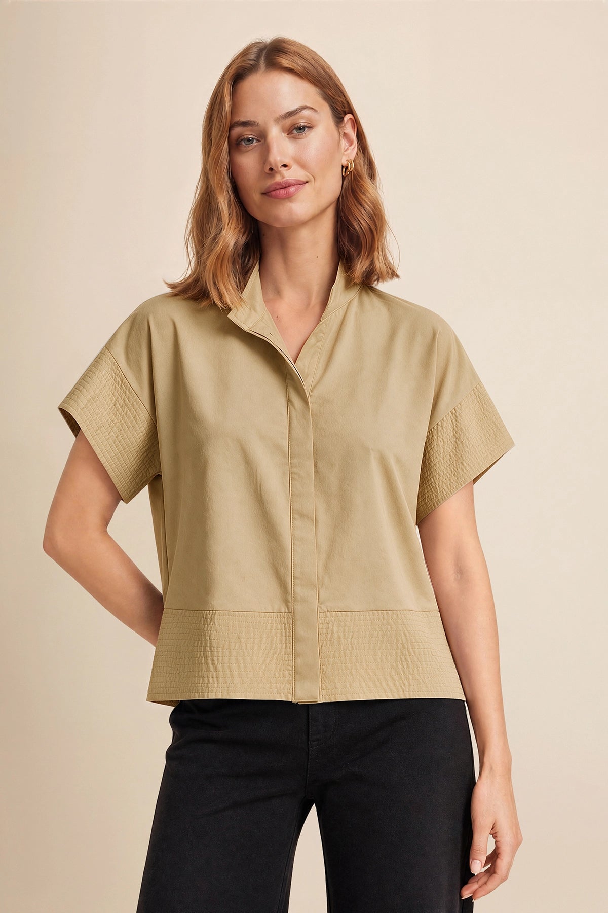 Womens Khaki Cropped Short Sleeve Shirts| CicyBell