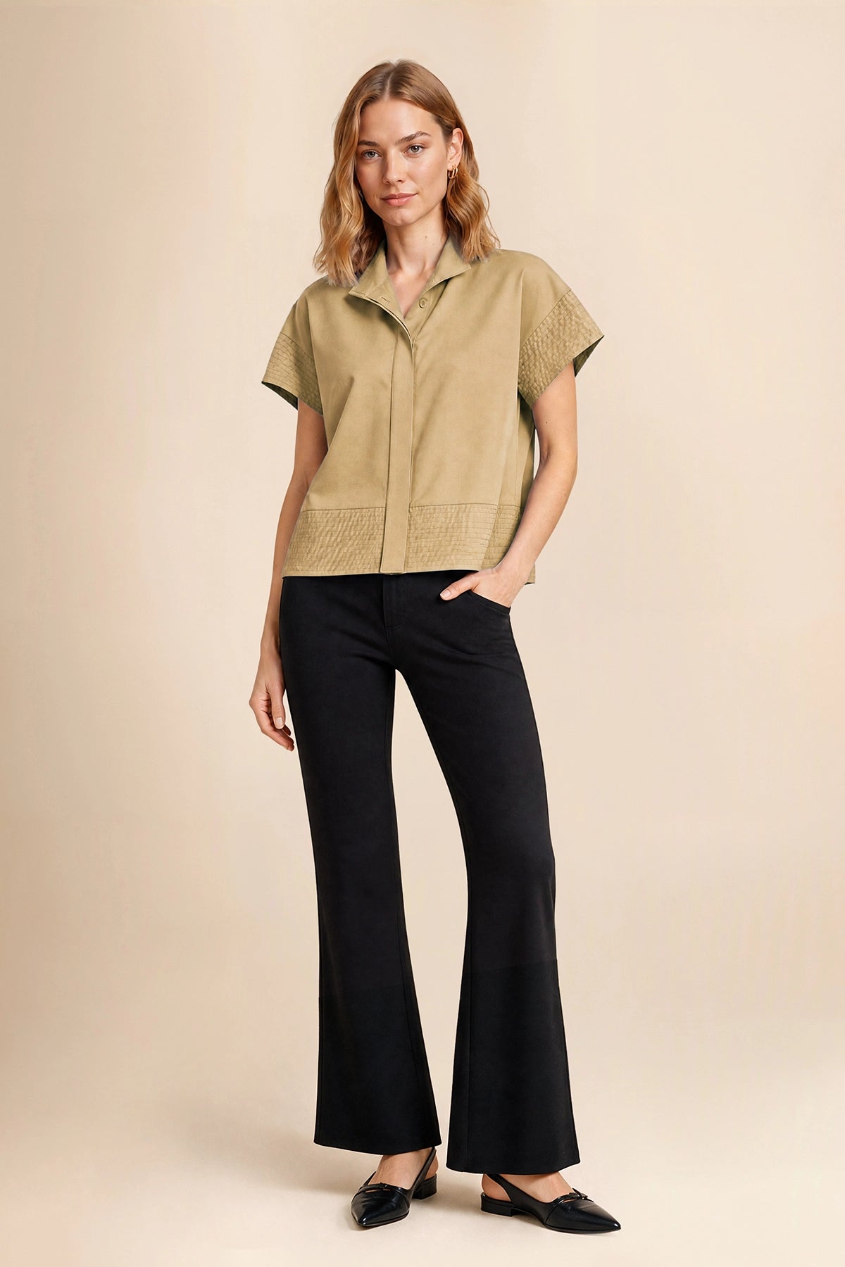 Womens Khaki Cropped Short Sleeve Shirts| CicyBell