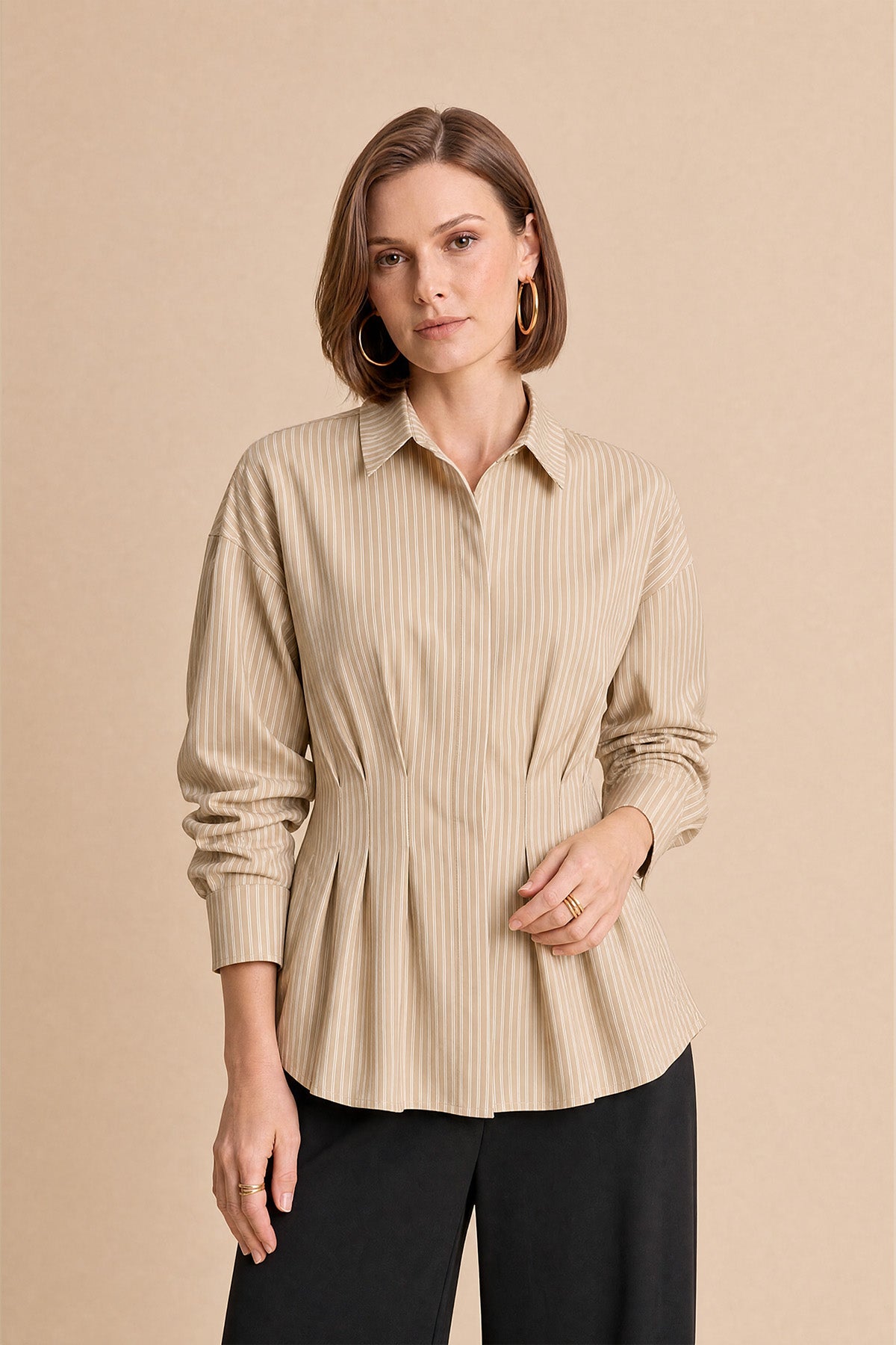 Women Khaki Striped Button Down Shirts | CicyBell