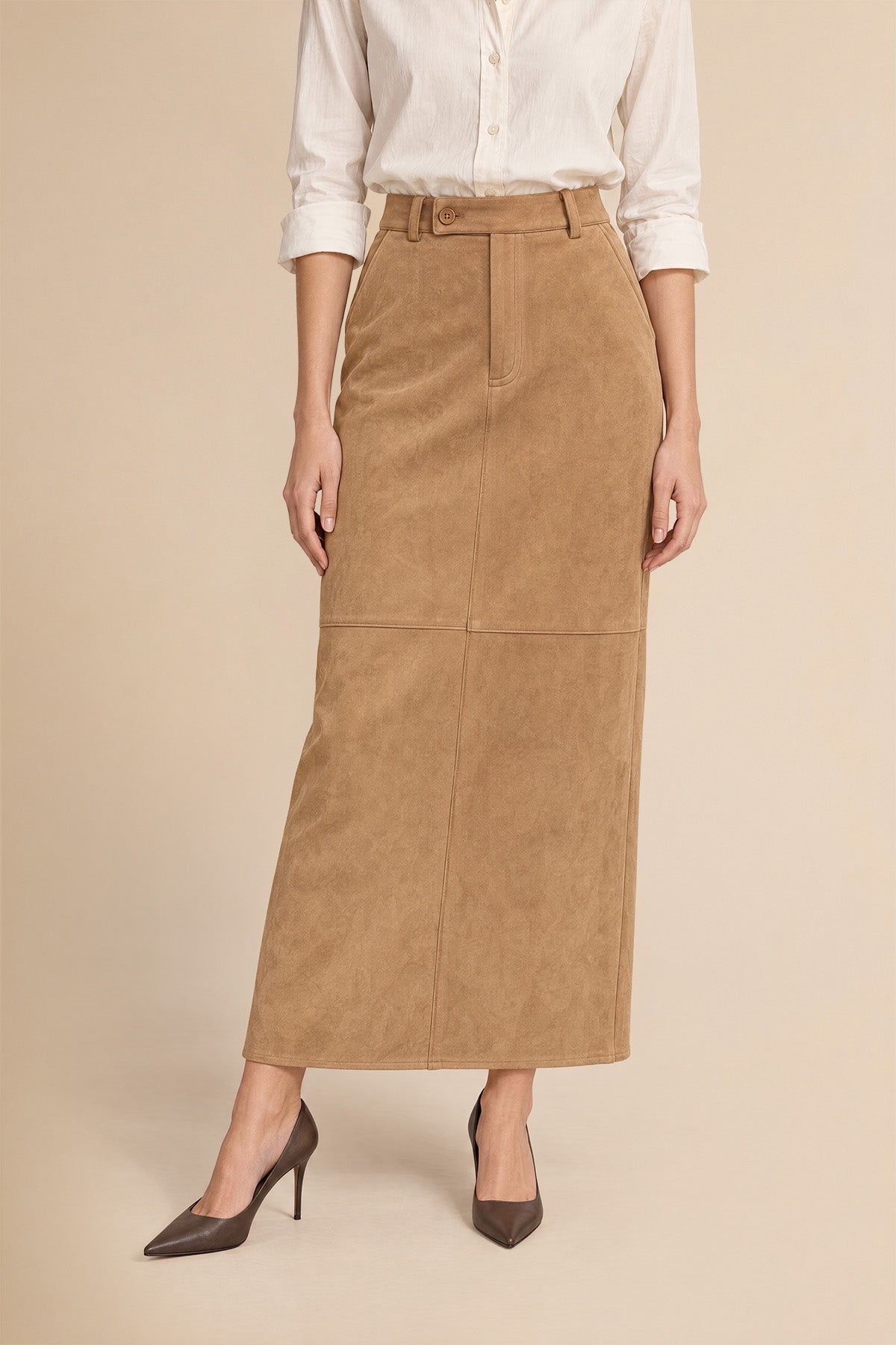 Womens Khaki Suede Maxi Skirt | CicyBell