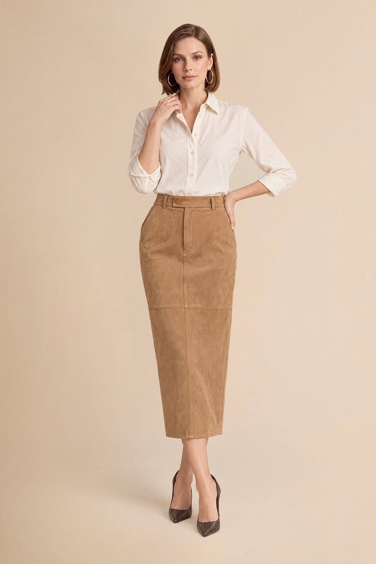 Womens Khaki Suede Maxi Skirt | CicyBell