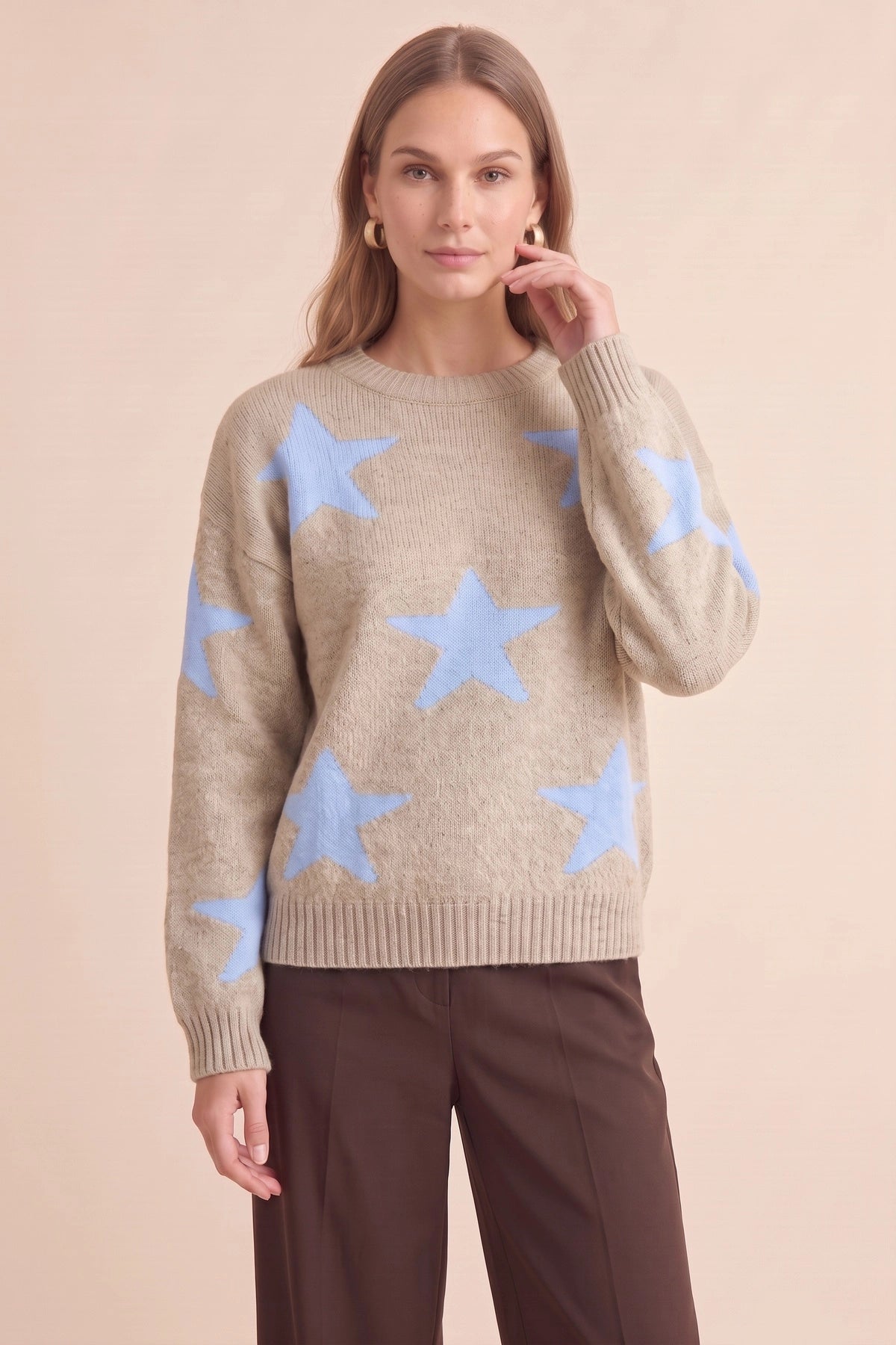 Womens Khaki Star Pattern Pullover Sweater | CicyBell