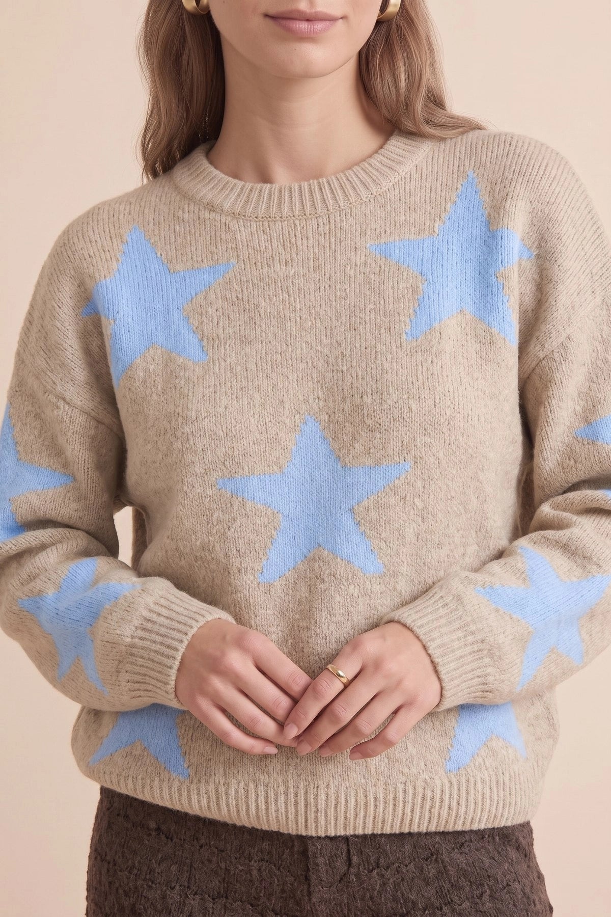 Womens Khaki Star Pattern Pullover Sweater | CicyBell