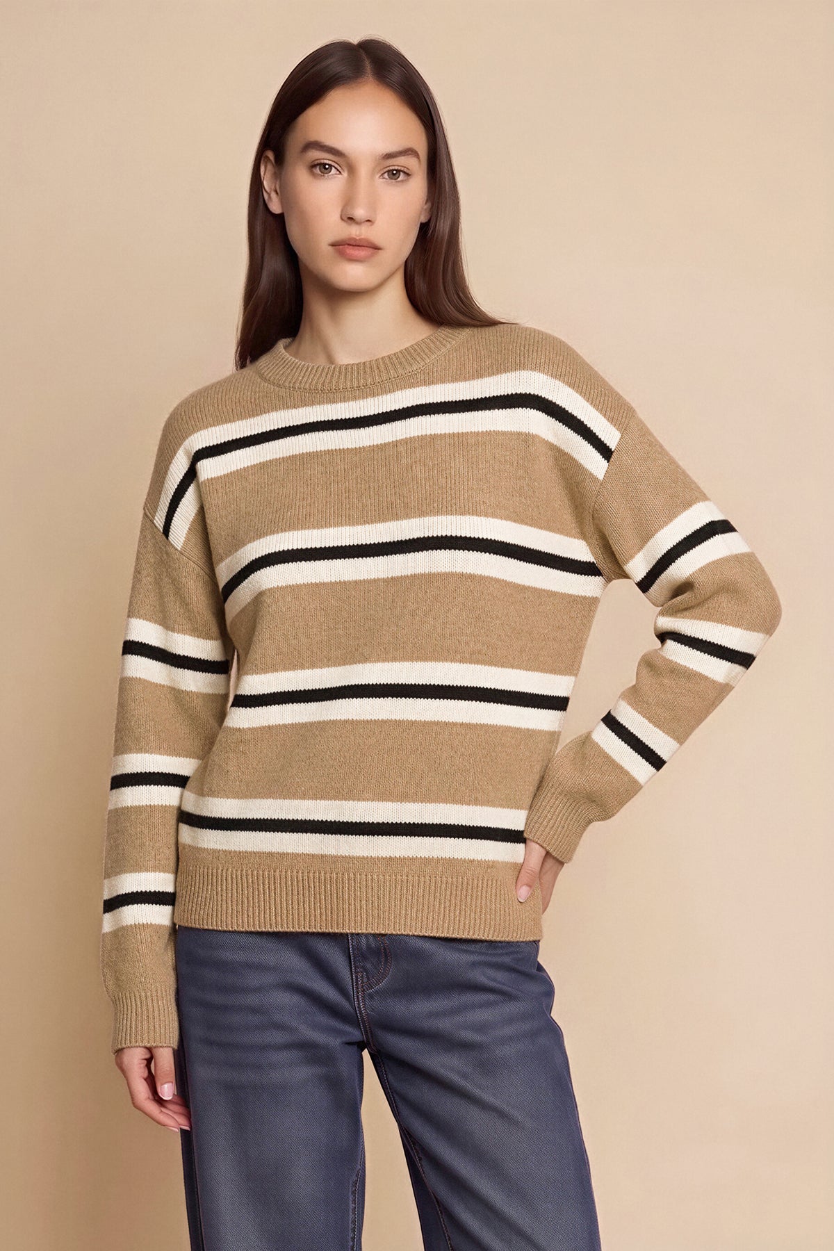 Womens Khaki Striped Pullover Sweater | CicyBell