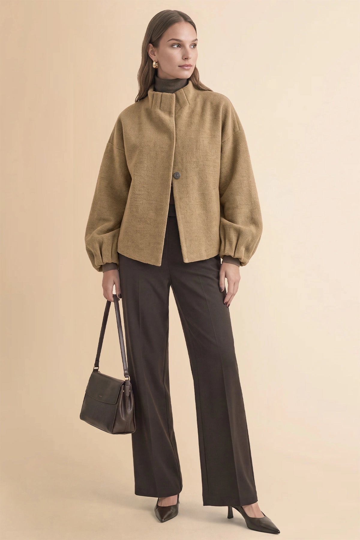 Womens Khaki Mock Neck Sweater Cardigan | CicyBell
