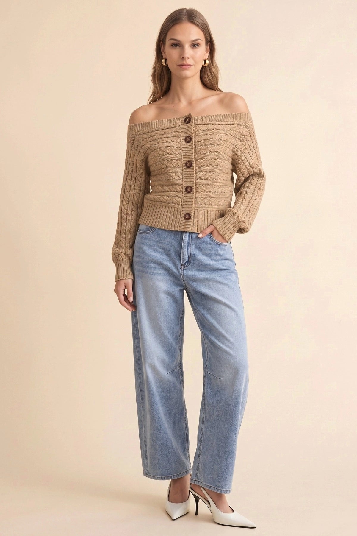Womens Khaki Off Shoulder Cardigan | CicyBell