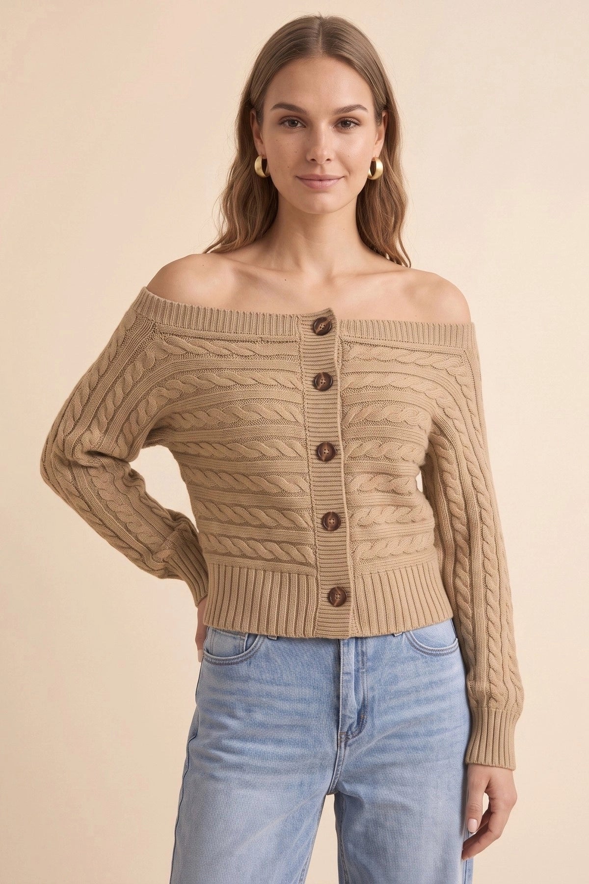 Womens Khaki Off Shoulder Cardigan | CicyBell