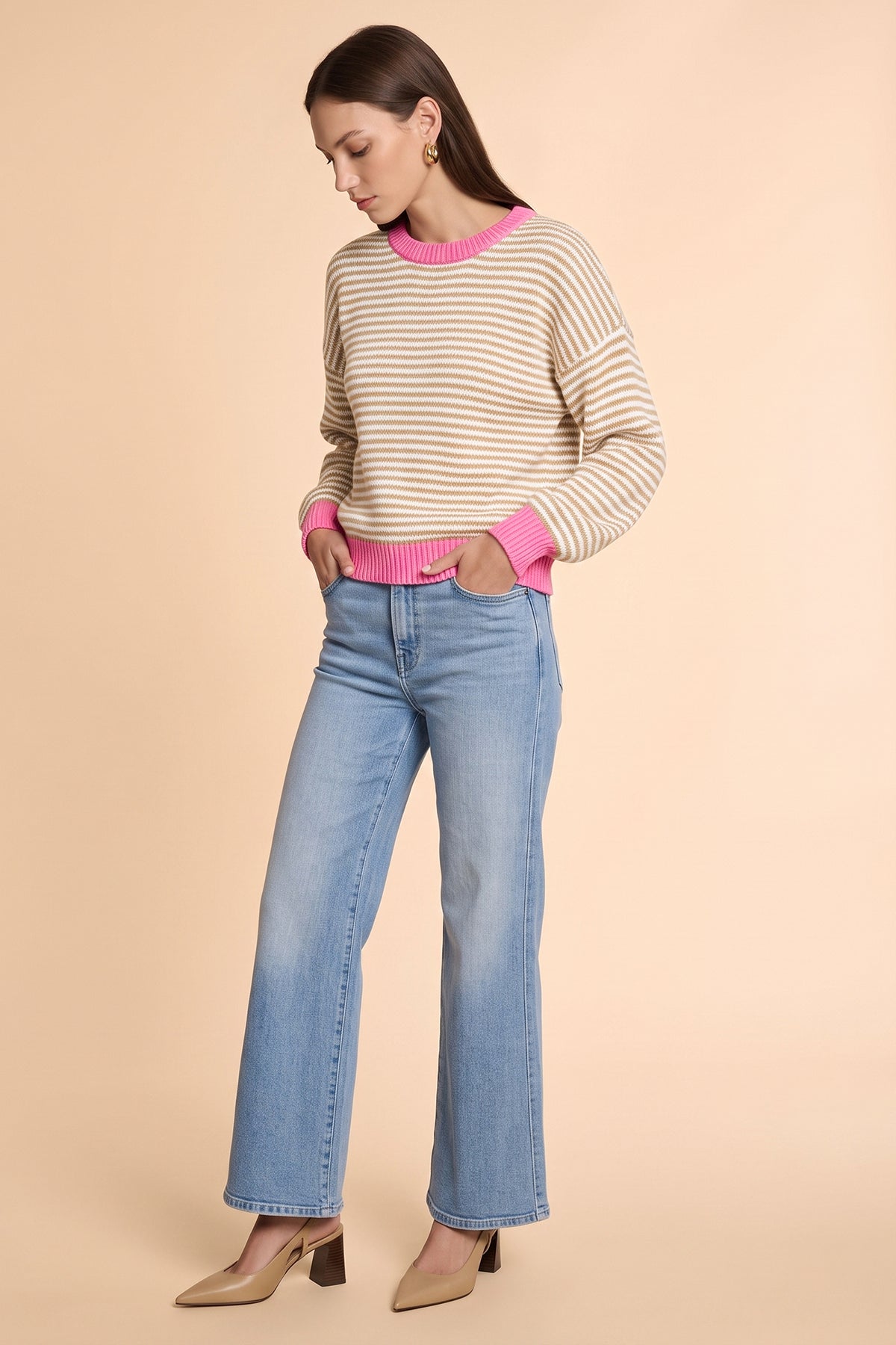 Womens Khaki Color Block Striped Sweater | CicyBell