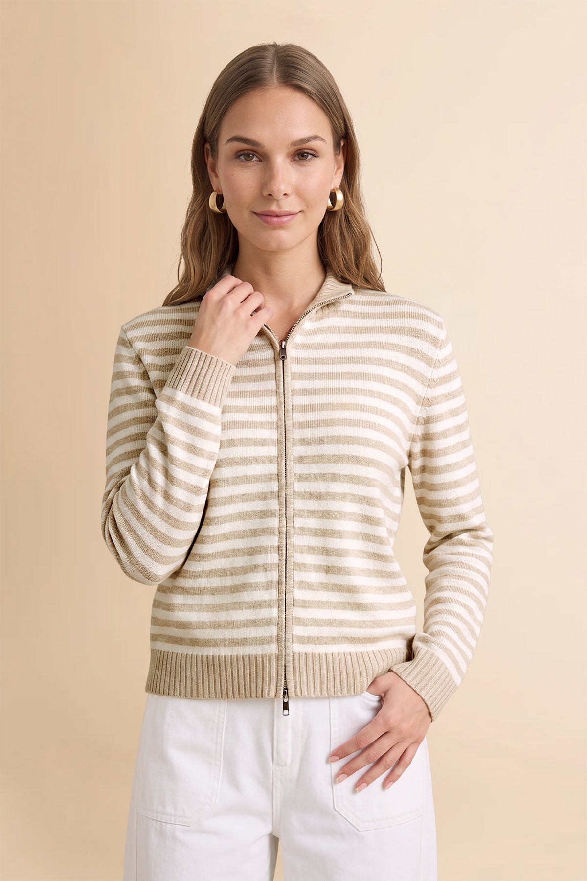 Womens Khaki Striped Cardigan Sweaters | CicyBell