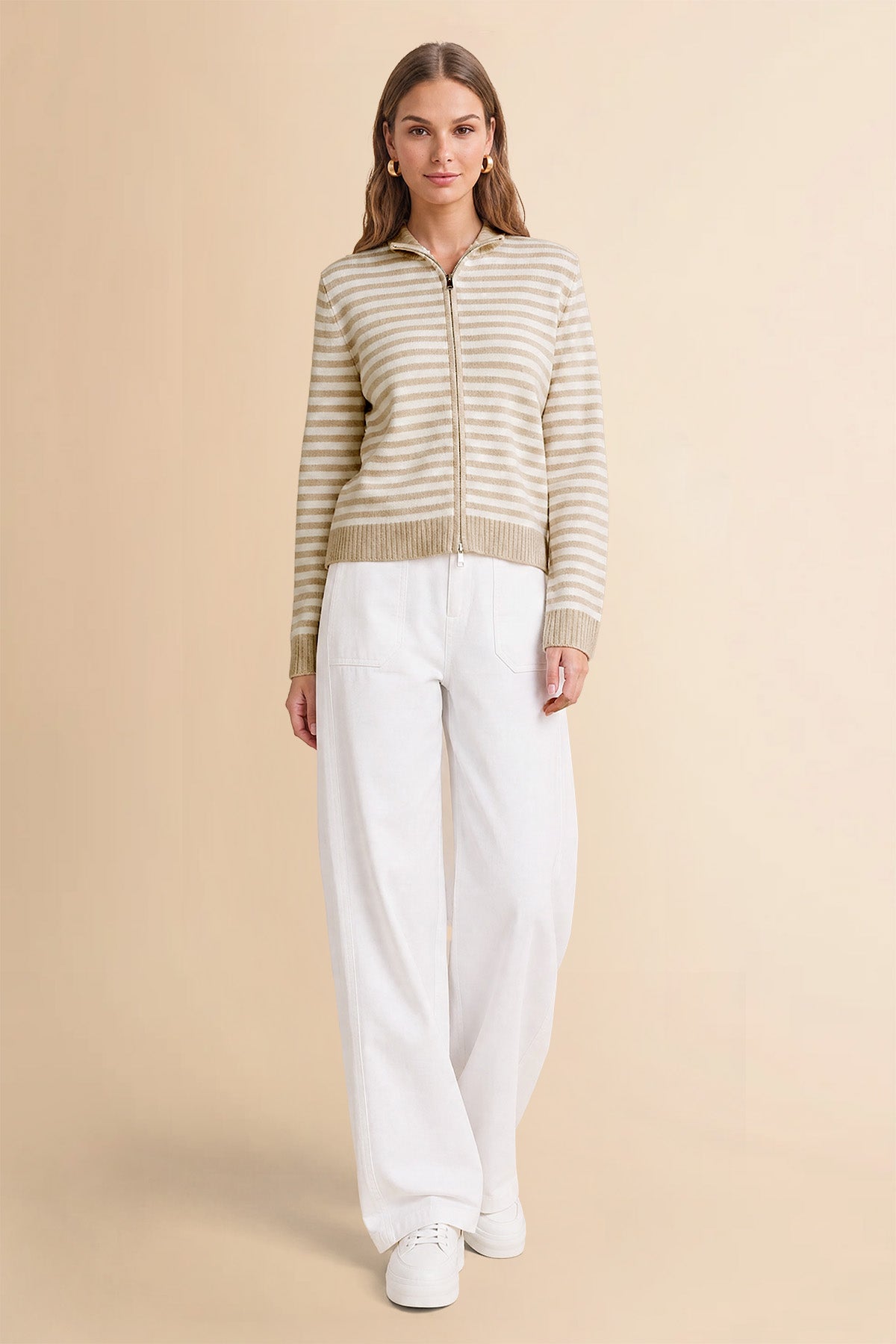 Womens Khaki Striped Cardigan Sweaters | CicyBell