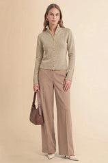 Womens Khaki Stand Collar Knit Cardigan | Cicy Bell