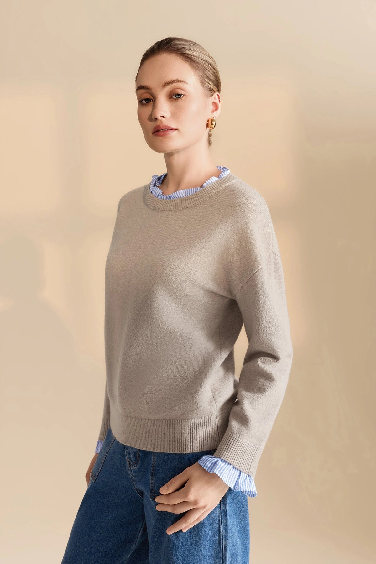 Womens Khaki Ruffle Long Sleeve Sweater | Cicy Bell