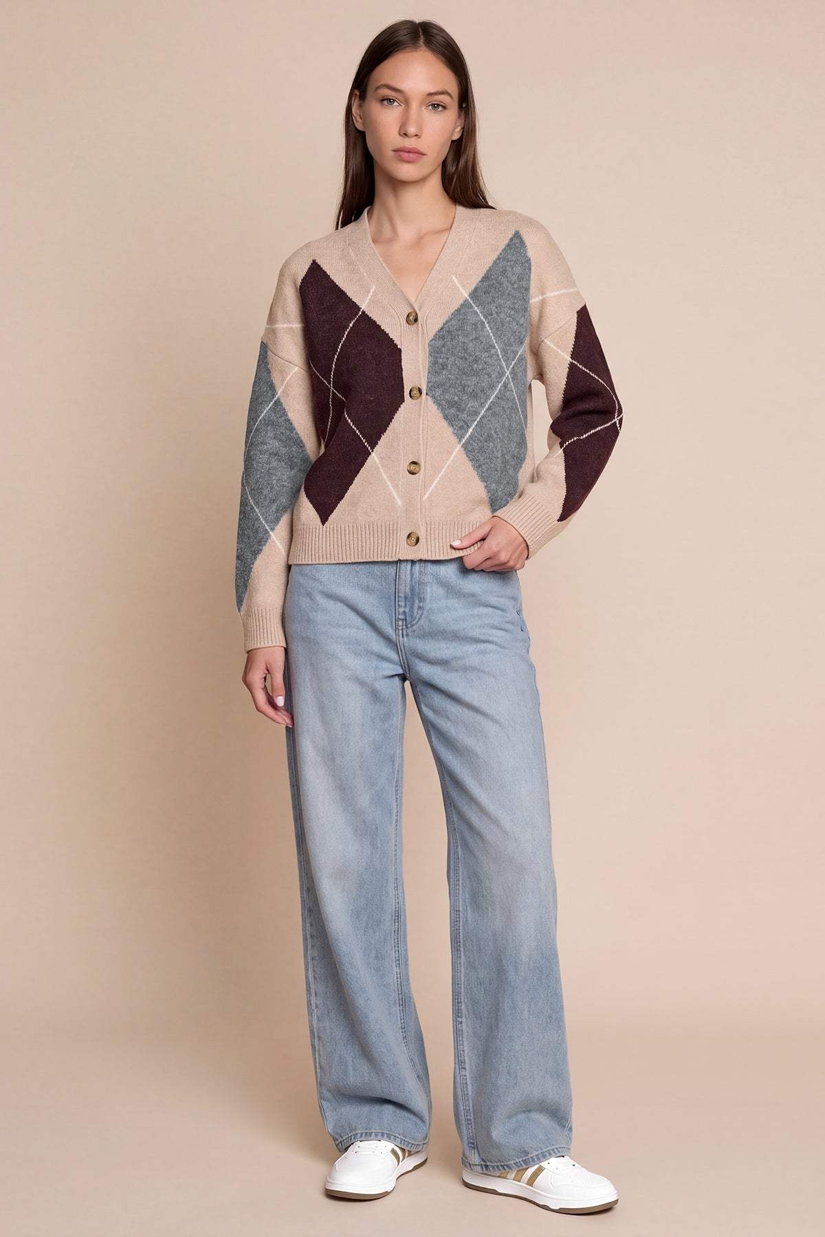 Women Khaki Plaid Color Block Cardigan | CicyBell