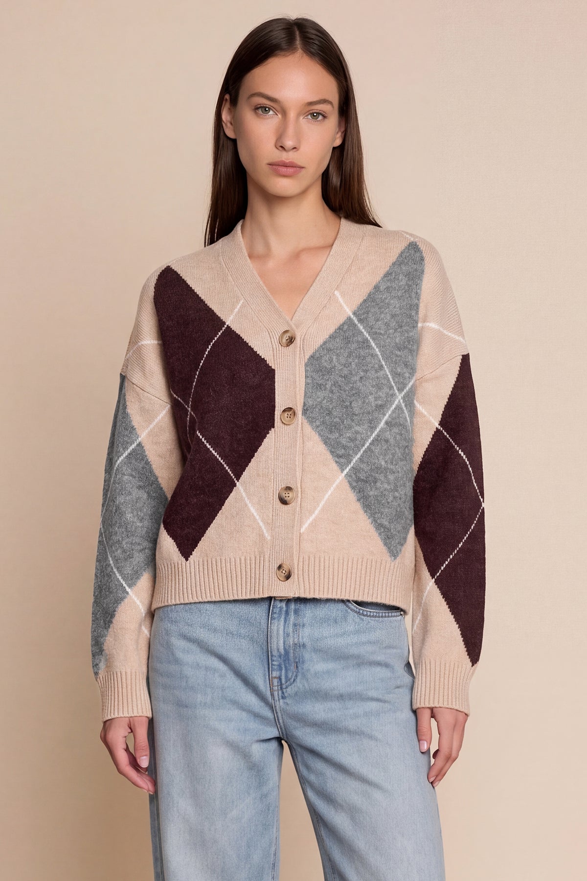 Women Khaki Plaid Color Block Cardigan | CicyBell