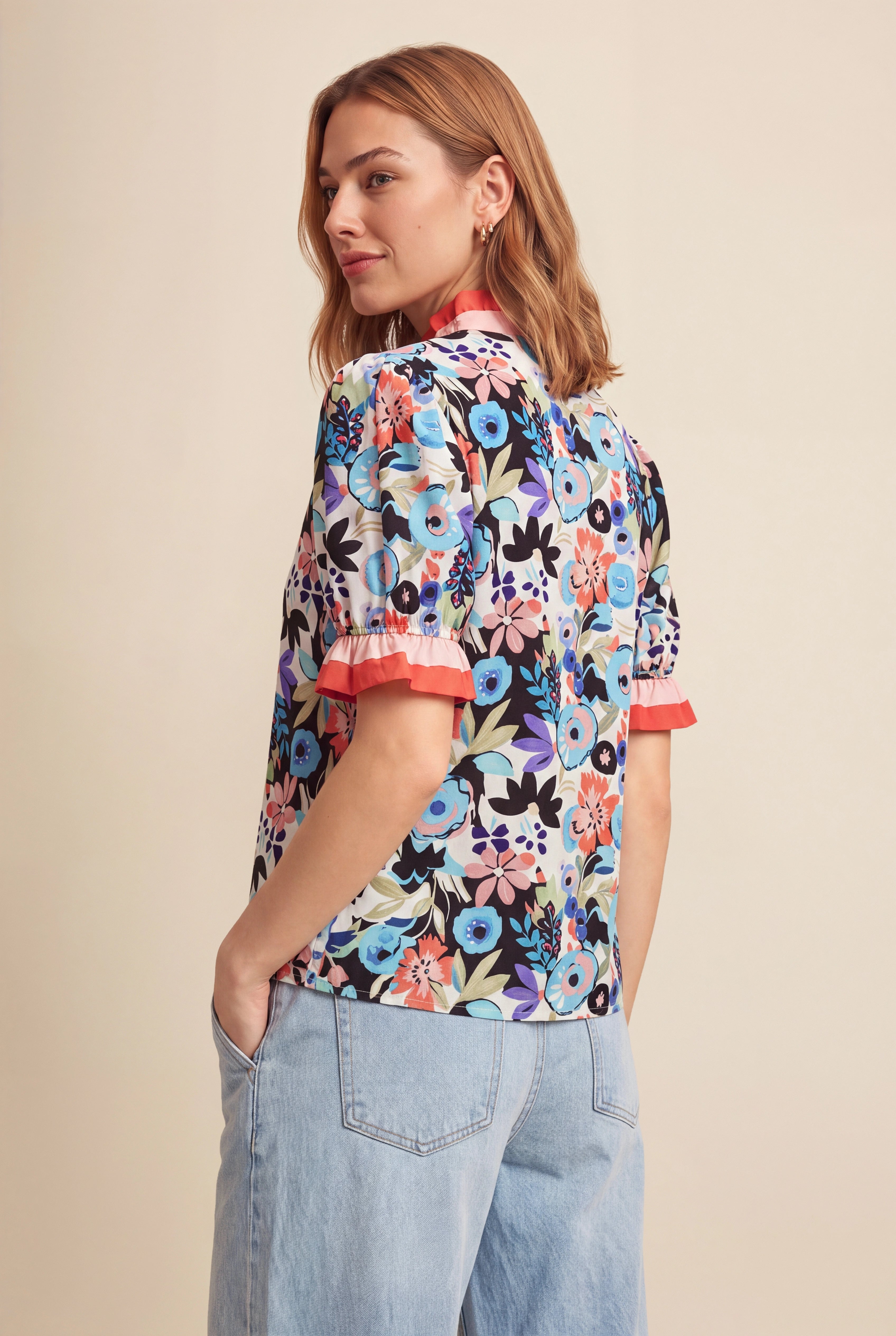 Womens Khaki Floral Puff Short Sleeve Tops  | CicyBell