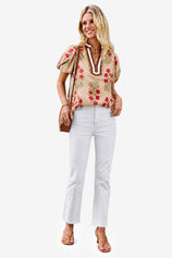 Womens Khaki Floral Short Puff Sleeve Tops  | CicyBell