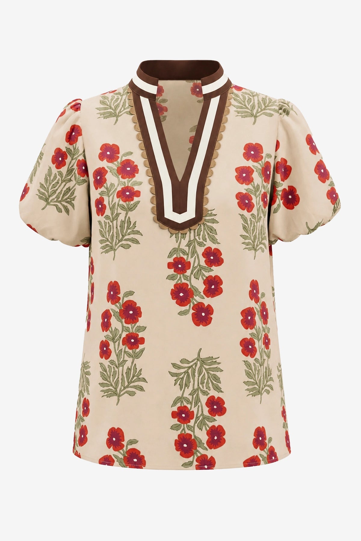 Womens Khaki Floral Short Puff Sleeve Tops  | CicyBell