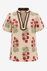Womens Khaki Floral Short Puff Sleeve Tops  | CicyBell