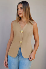 Cicy Bell Womens Khaki V Neck Vest Tops