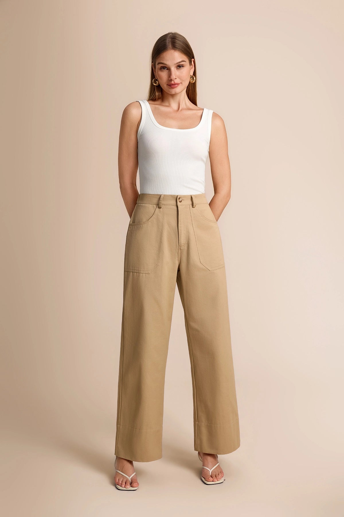 Womens Khaki Wide Leg Flare Pants  | CicyBell