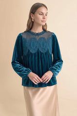 Womens Lake Blue Velvet Babydoll Tops | CicyBell