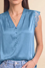 Womens Lake Blue Silk Satin Tank Tops | CicyBell