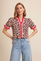 Womens Leopard Print Floral Puff Short Sleeve Tops  | CicyBell