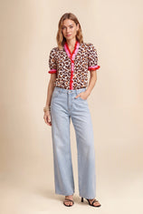 Womens Leopard Print Floral Puff Short Sleeve Tops  | CicyBell