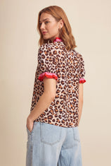 Womens Leopard Print Floral Puff Short Sleeve Tops  | CicyBell