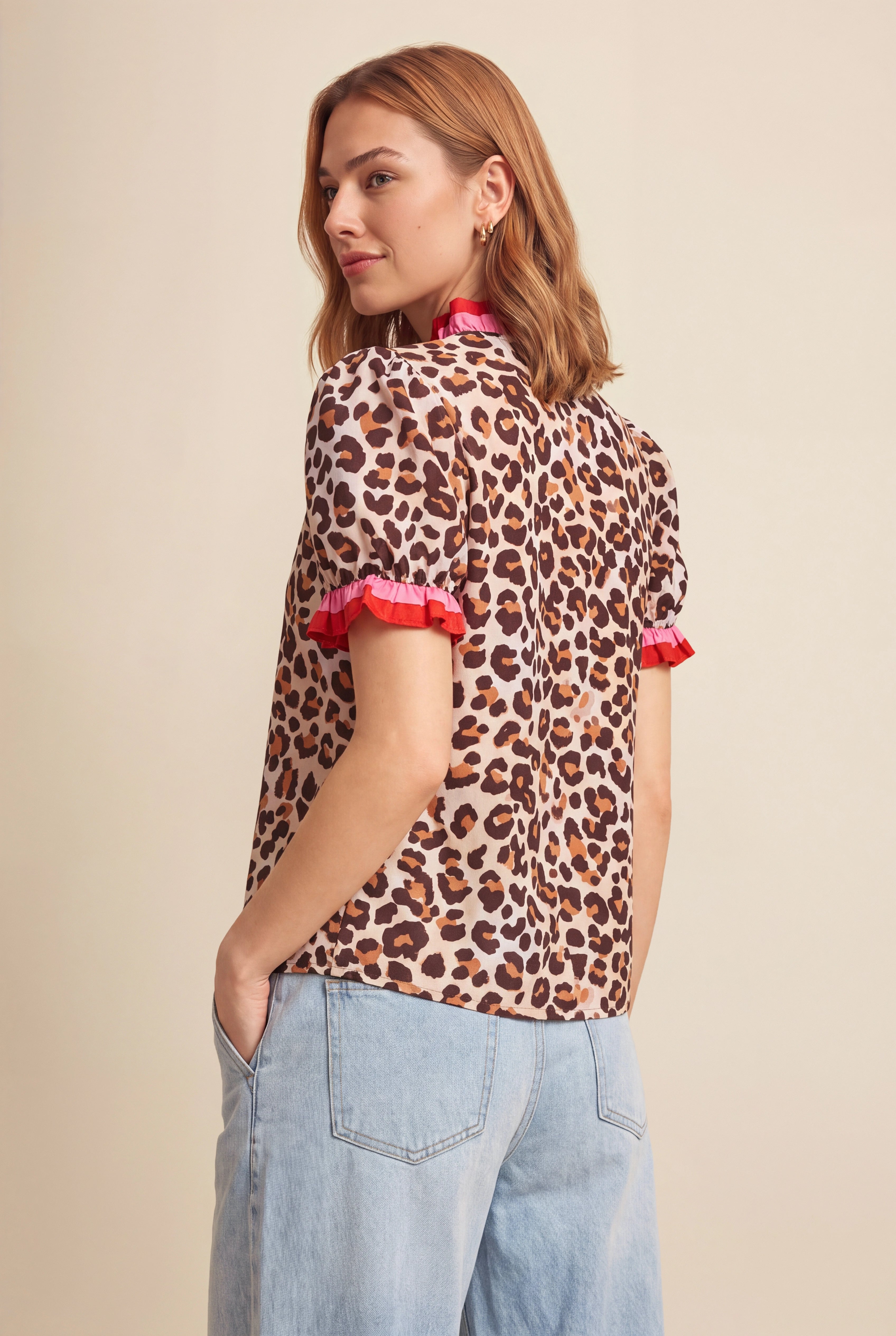Womens Leopard Print Floral Puff Short Sleeve Tops  | CicyBell